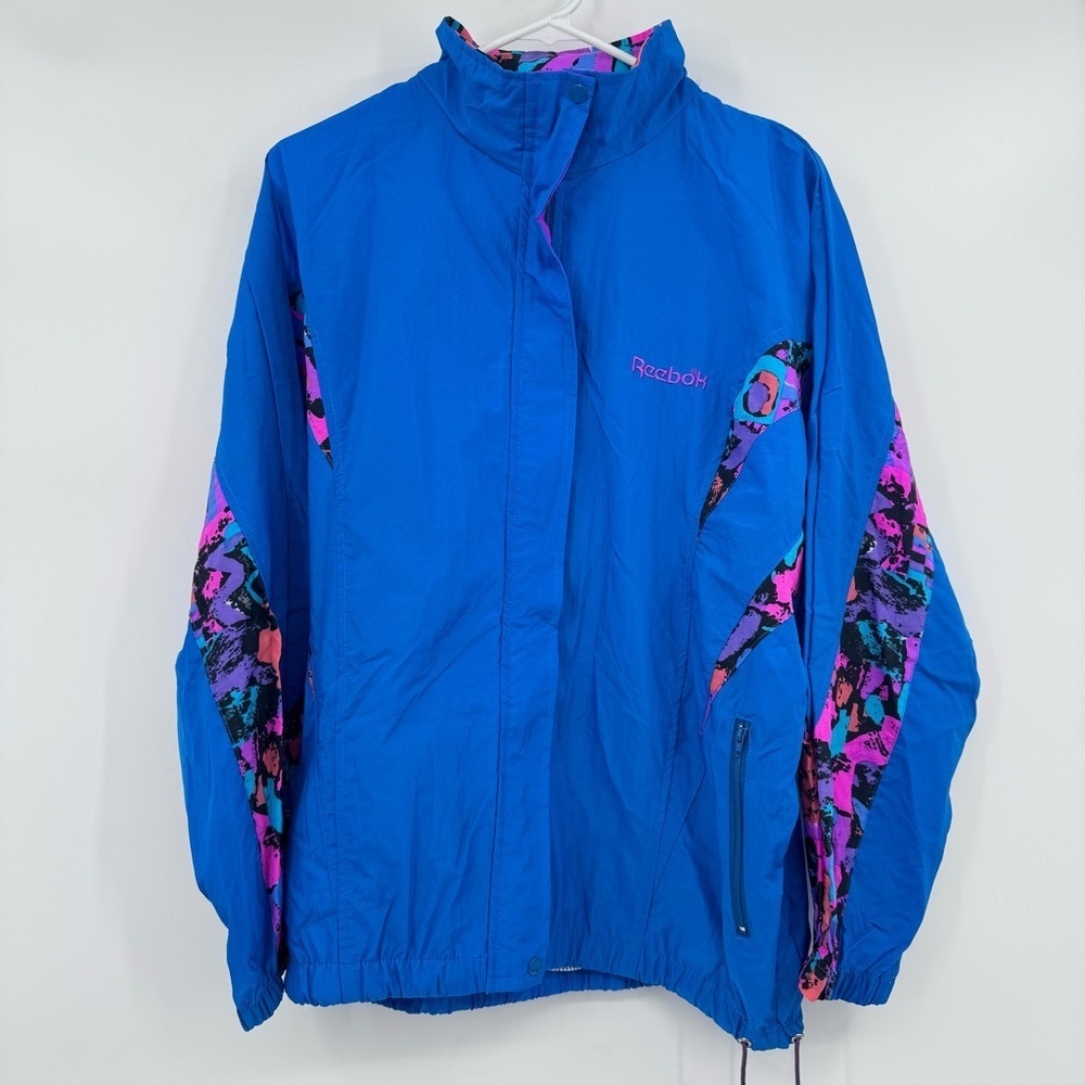 Reebok Jacket Women Medium Blue 80s Vintage Nylon Windbreaker Colorful Hooded